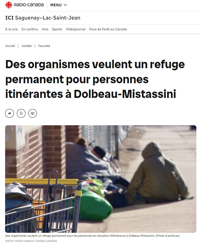 Revue de presse : Des organismes veulent un refuge permanent pour personnes itinérantes à Dolbeau-Mistassini - La Démarche